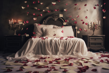 A bed covered with a variety of paper hearts, creating a romantic atmosphere perfect for Valentines Day or anniversaries, Love letters and rose petals scattered over a bed, AI Generatedの素材