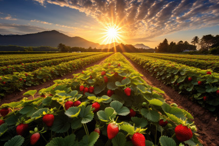 Capture the breathtaking beauty of a field of strawberries illuminated by a radiant sunset, Lush organic strawberry field with the sun low in the sky, AI Generatedの素材