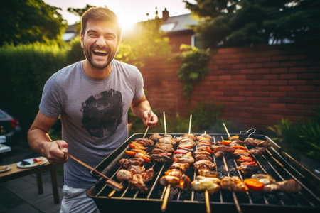 A man proudly holds a grill loaded with mouthwatering food, ready to enjoy a delightful feast, Male BBQ grill master flipping and grilling skewers at a backyard BBQ summer cookout, AI Generatedの素材