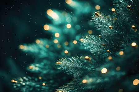 This image captures the mesmerizing beauty of a close up of a Christmas tree adorned with colorful lights, creating a joyful and festive ambiance, Macro christmas tree background, AI Generatedの素材