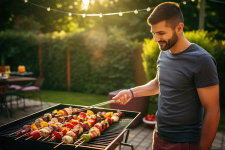 A man prepares a delicious meal by grilling an assortment of fresh vegetables on an outdoor grill, Male BBQ grill master flipping and grilling skewers at a backyard BBQ summer cookout, AI Generatedの素材