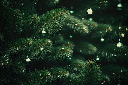 A vibrant, detailed close-up image of a green Christmas tree, showcasing its intricate branches and ornaments, Macro christmas tree background, AI Generatedの素材