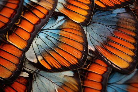 A vibrant cluster of orange and blue butterflies peacefully assembled on a colorful flower, Macro view of butterfly wing patterns, AI Generatedの素材