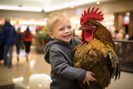 A young boy carries a chicken in his arms while visiting a mall, mall child hugging a chicken or hen, AI Generatedの素材