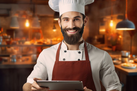 A man wearing a chefs hat confidently holds a tablet in his hand, ready to use in the kitchen, male chef holding a tablet to welcome customers, AI Generatedの素材