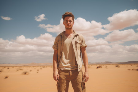 A lone figure stands in the midst of a vast, desolate desert with nothing but clear blue skies above, Male tourist standing in front of a sandy desert, full body, AI Generatedの素材