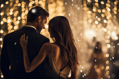 A man and a woman stand next to each other, posing together for a photograph, Man and woman at a Christmas party in gold color, Bokeh light, AI Generatedの素材