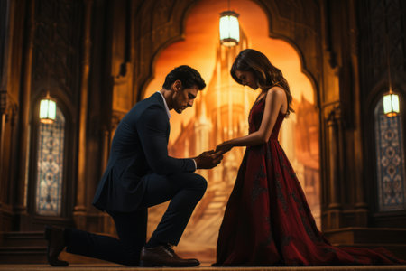 A man tenderly kneels down next to a woman in a striking red dress to propose marriage, Man kneels before a beautiful woman, AI Generatedの素材