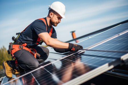 A man is seen installing a solar panel on a roof, harnessing the power of the sun, Man engineer mounting photovoltaic solar panels on roof of house, AI Generatedの素材