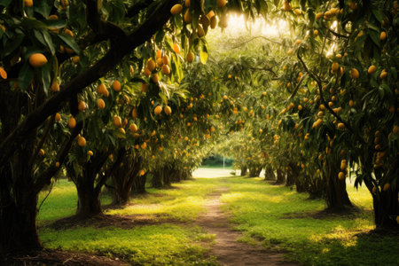 A scenic dirt road is surrounded by numerous orange trees, creating a stunning natural landscape, Mango trees in an orchard, AI Generatedの素材