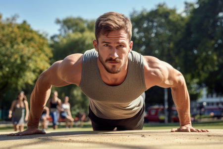A man performs push ups in a park as part of his outdoor fitness routine, Man doing push-ups in an outdoor fitness park, AI Generatedの素材