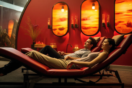 A couple of friends or family members lying down on the grass, spending a leisurely time together, Man and woman lying down on massage beds at Asian wellness center, AI Generatedの素材