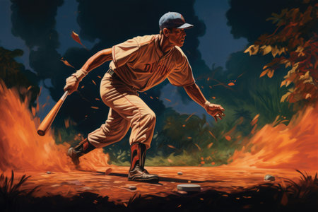 A depiction of a baseball player in motion with a bat, captured in a beautifully painted artwork, Man playing softball, AI Generatedの素材