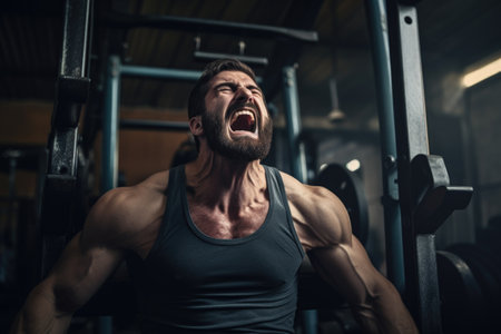 A man at the gym with his mouth wide open in the middle of an exercise routine, Man pushing hard to finish his last rep in the gym, AI Generatedの素材