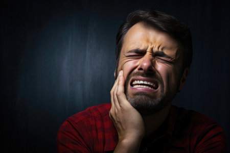 A man with his hands on his face, expressing stress, worry, and anxiety, Man suffering from strong tooth pain, AI Generatedの素材