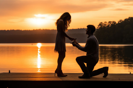 Man Kneeling Next to Woman on Dock, Bonding and Showing Support, Man, woman and engagement proposal by lake on vacation with surprise, AI Generatedの素材