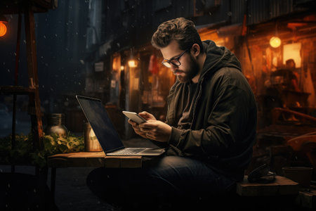 A man is sitting at a table, focused on his laptop as he works and communicates with others, Man using mobile phone and laptop computer with digital technology, AI Generatedの素材