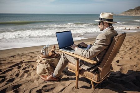 A man sitting on a chair on the beach, using a laptop to work or browse the internet, man sitting in a chair on a beach using a laptop, AI Generatedの素材