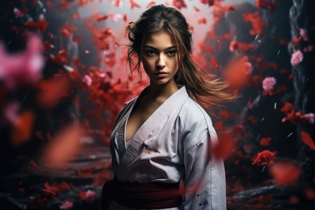 A woman dressed in a traditional kimono stands gracefully as she admires the vibrant display of flowers, Martial arts Concept Young woman in kimono practicing karate, AI Generatedの素材