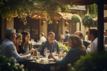 A group of people gathered around a table, enjoying their time together while holding wine glasses, Mature friends and couples gather outdoors at a restaurant, AI Generatedの素材