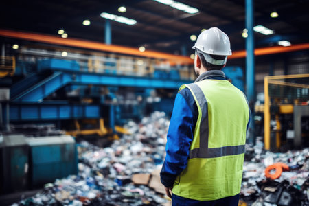 A man wearing a safety vest takes a close look at a significant amount of garbage, Mechanical engineer inspects waste recycling system in factory, AI Generatedの素材