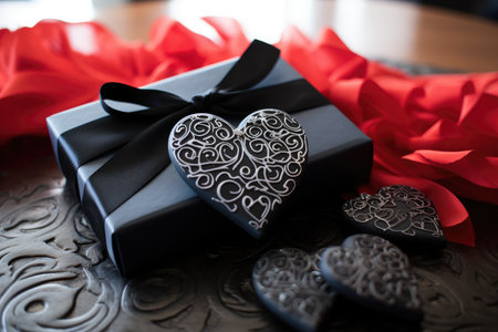 A cute black box with three hearts, a perfect decorative gift for Valentines Day, Matte black Valentine's Day gift box with silver heart details, AI Generatedの素材