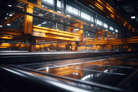 A large factory filled with numerous steel bars, dedicated to manufacturing a variety of industrial products., metallic assembly line surface with a blurred, dynamic factory background, AI Generatedの素材