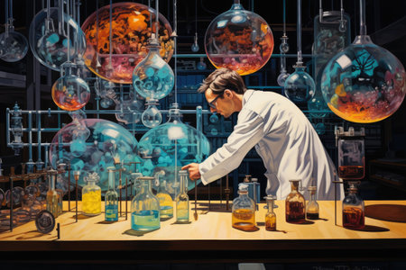 A scientist in a lab coat and glasses analyzing a variety of glass objects on a table., Merge art and science in a laboratory image, capturing the beauty of research, AI Generatedの素材