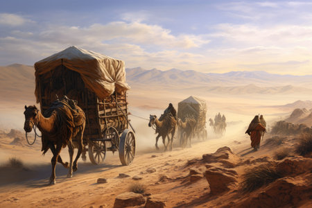 A painting depicting a horse-drawn carriage making its way through the vast desert landscape, Medieval trading caravan crossing the desert, AI Generatedの素材