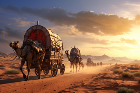 A group of people enjoying a ride on a horse drawn carriage in a scenic countryside, Medieval trading caravan crossing the desert, AI Generatedの素材