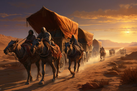 A group of people ride on the backs of horses in a picturesque outdoor setting, Medieval trading caravan crossing the desert, AI Generatedの素材