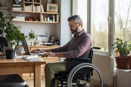 An empowering image of a man in a wheelchair using a laptop, showcasing his technological independence., Middle-aged man in a wheelchair works from his home office, AI Generatedの素材