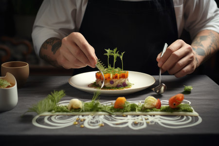 A skilled chef carefully decorates a plate of food with precision and attention to detail., Modern food stylist decorating meal for presentation in restaurant, AI Generatedの素材