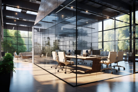 A picture showing a glass walled meeting room with a desk and chairs, Modern corporate office with glass walls, AI Generatedの素材