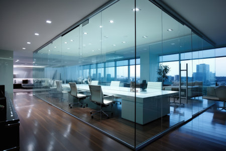 Step into a contemporary office featuring glass walls and a generously sized desk, providing an open and well-lit environment for productivity, Modern corporate office with glass walls, AI Generatedの素材