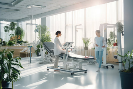 Two women standing side by side in a spacious white room., Modern rehabilitation physiotherapy, AI Generatedの素材