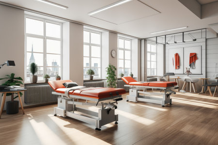An image of a hospital room featuring a bed and chairs, providing a comfortable environment for patients and visitors., Modern rehabilitation physiotherapy, AI Generatedの素材