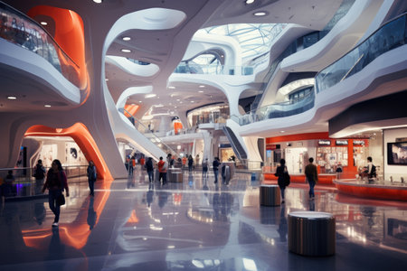 A crowd of individuals moving together as they traverse the interior of a spacious structure., Modern shopping mall interior, AI Generatedの素材