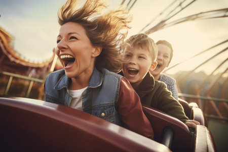 Three Individuals Enjoying a Roller Coaster Ride at an Amusement Park, Mother and two children family riding a rollercoaster at an amusement park experiencing excitement, AI Generatedの素材