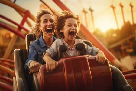 Woman and Child Enjoying Roller Coaster Thrills Together at Amusement Park Ride, Mother and two children family riding a rollercoaster at an amusement park experiencing excitement, AI Generatedの素材