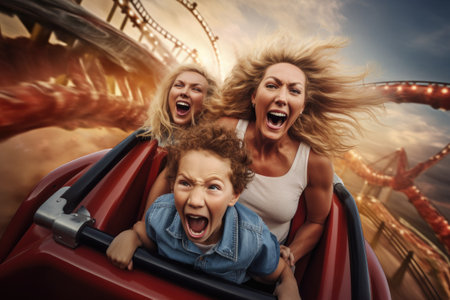 A woman and two children experiencing the thrill of a roller coaster ride together., Mother and two children family riding a rollercoaster at an amusement park experiencing excitement, AI Generatedの素材