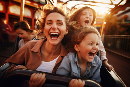 A woman and two children enjoying an adrenaline-filled ride on a roller coaster., Mother and two children family riding a rollercoaster at an amusement park experiencing excitement, AI Generatedの素材