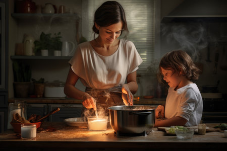 A woman and child are seen cooking together in a kitchen., Mother Cooking at Home, AI Generatedの素材