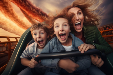 Woman and Two Children Enjoying a Thrilling Roller Coaster Ride, Mother and two children family riding a rollercoaster at an amusement park experiencing excitement, AI Generatedの素材