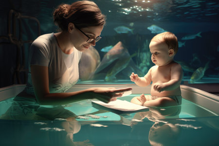 A woman and baby enthusiastically explore the pages of a captivating book, bonding through the joy of reading., Mother teaching baby swimming pool, AI Generatedの素材
