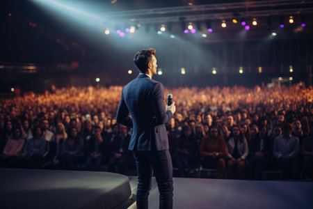 A man confidently stands on stage as he addresses a large audience., Motivational Speaker Standing, AI Generatedの素材