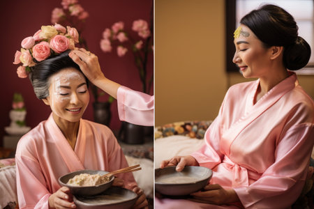 A woman dressed in a pink kimono holds a bowl filled with rice, Mothers of different cultures being pampered on Mother's Day, AI Generatedの素材