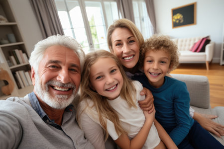 Older Man and Two Young Children Smiling Happily Together in the Sun, Multigenerational family taking a selfie at home in the living room, AI Generatedの素材