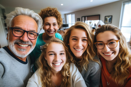 A diverse group of friends and family members gather and smile for a photo, cherishing a special moment together., Multigenerational family taking a selfie at home in the living room, AI Generatedの素材