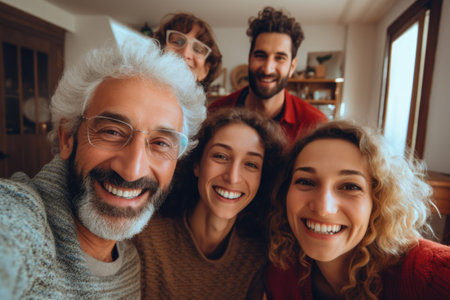 A diverse group of individuals standing side by side, posing for a group photo., Multigenerational family taking a selfie at home in the living room, AI Generatedの素材